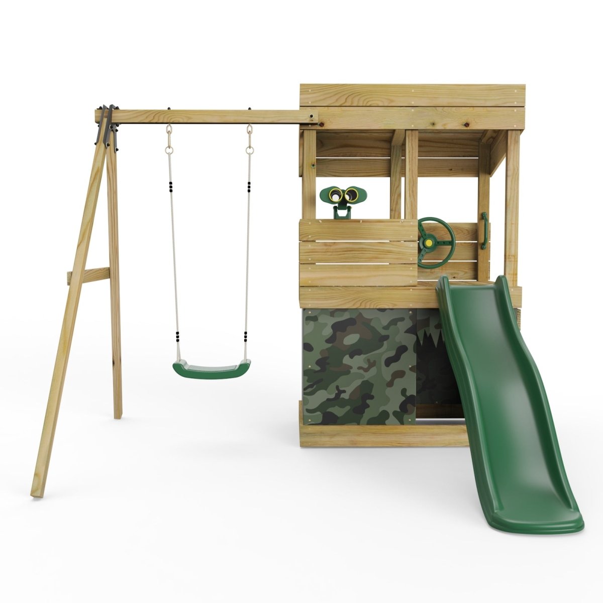 ClassicPlay Premium Lookout Tower With 0.9m Deck, Single Swing, Slide, Adventure and Camouflage Den Packs