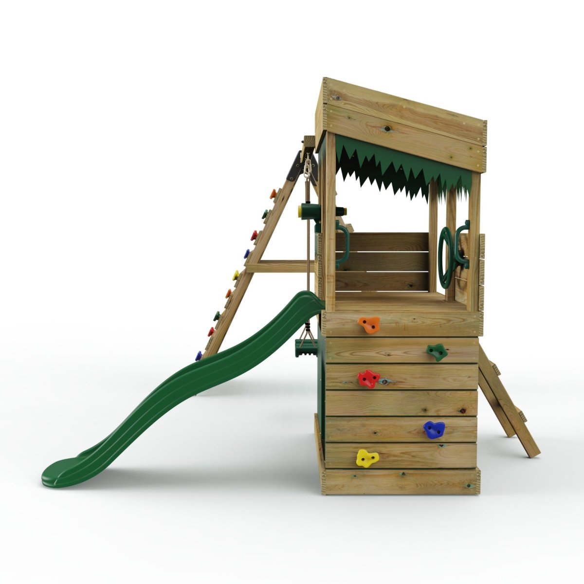 ClassicPlay Premium Lookout Tower With 0.9m Deck, Single Swing, Slide, Climbing Wall, Adventure and Den Packs