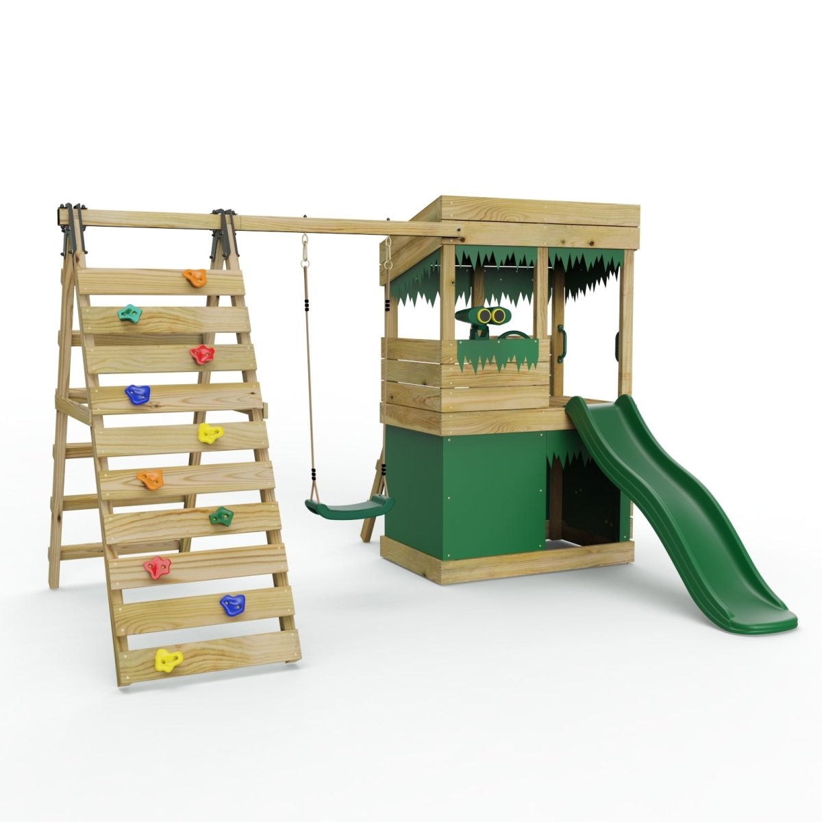 ClassicPlay Premium Lookout Tower With 0.9m Deck, Single Swing, Slide, Climbing Wall, Adventure and Den Packs