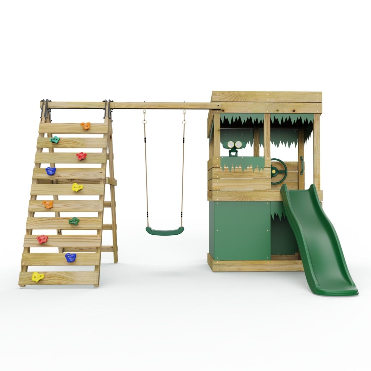 ClassicPlay Premium Lookout Tower With 0.9m Deck, Single Swing, Slide, Climbing Wall, Adventure and Den Packs