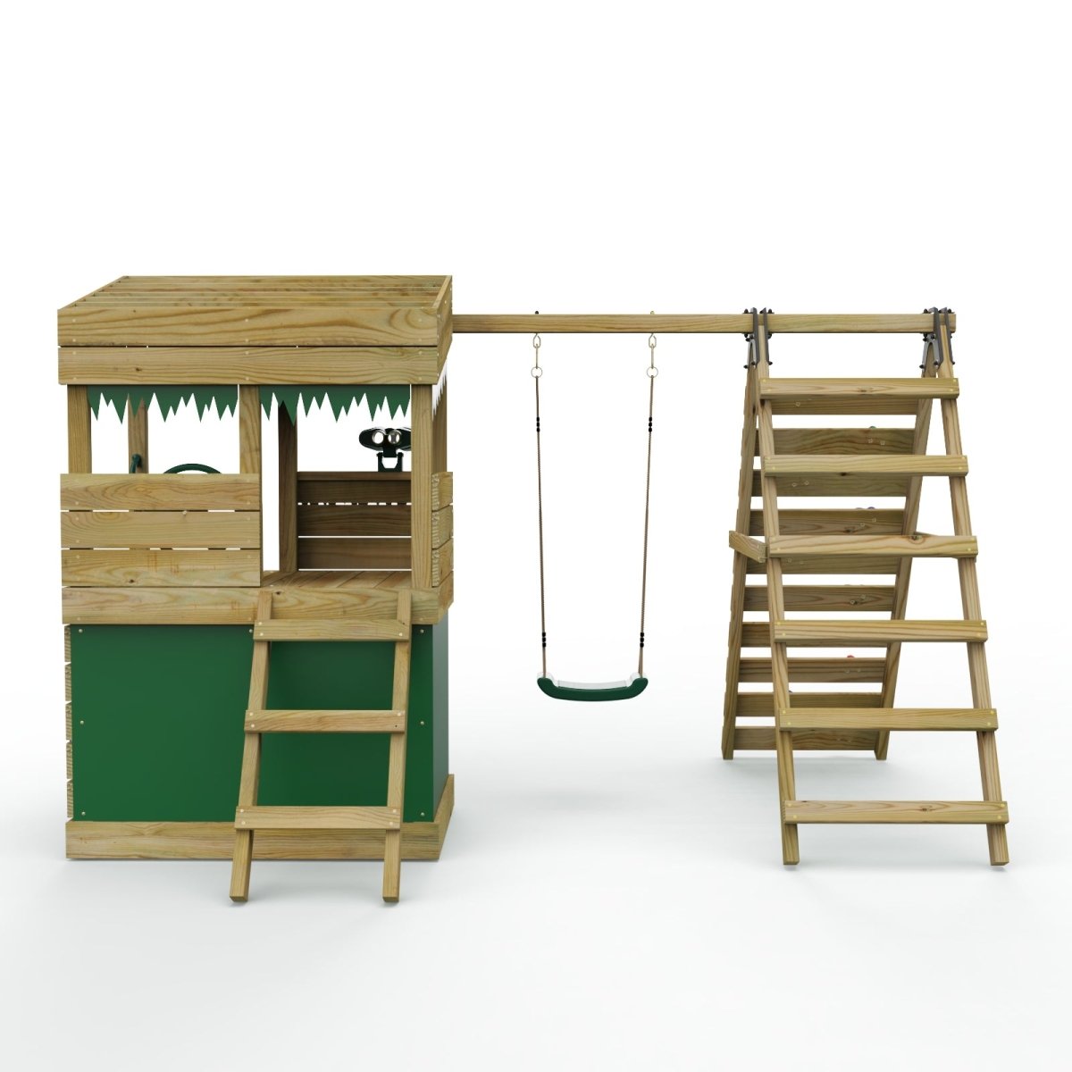 ClassicPlay Premium Lookout Tower With 0.9m Deck, Single Swing, Slide, Climbing Wall, Adventure and Den Packs