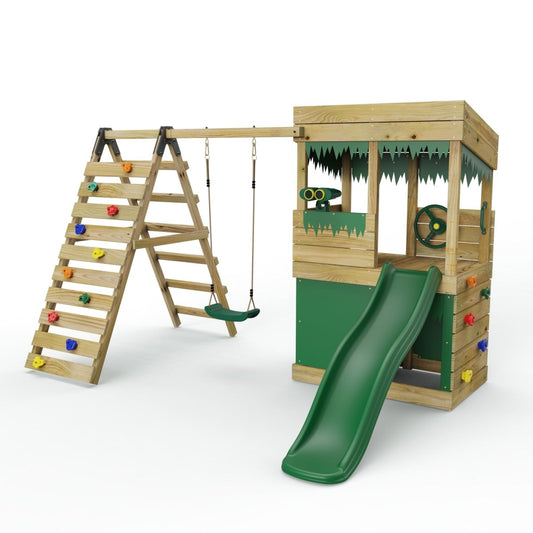 ClassicPlay Premium Lookout Tower With 0.9m Deck, Single Swing, Slide, Climbing Wall, Adventure and Den Packs