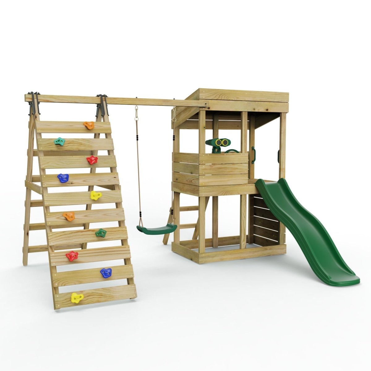ClassicPlay Premium Lookout Tower With 0.9m Deck, Single Swing, Slide, Climbing Wall and Adventure Pack