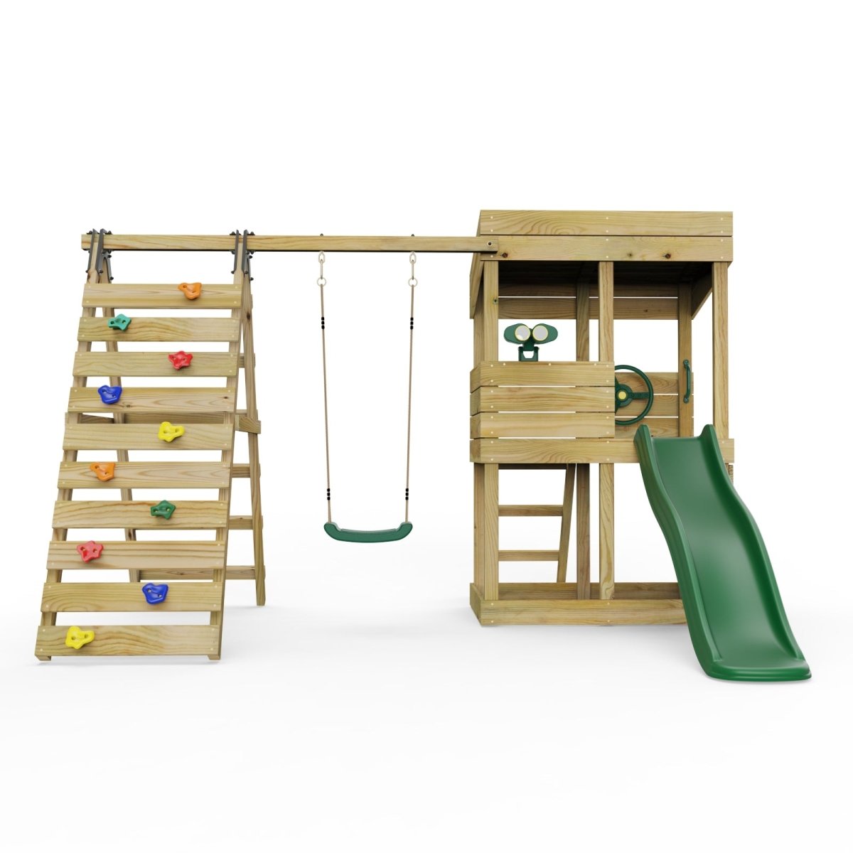 ClassicPlay Premium Lookout Tower With 0.9m Deck, Single Swing, Slide, Climbing Wall and Adventure Pack