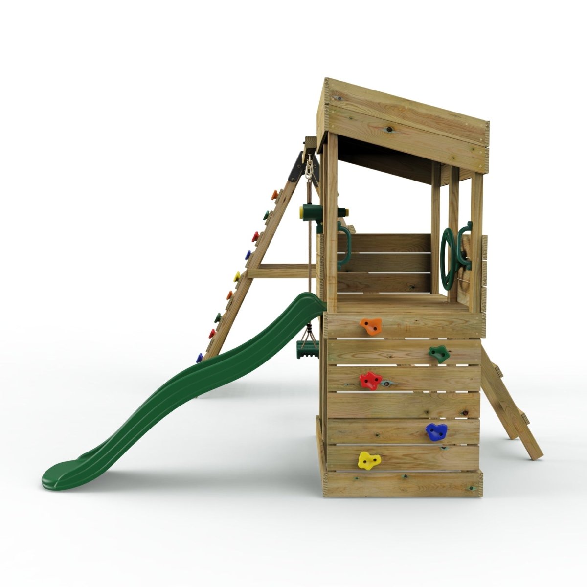 ClassicPlay Premium Lookout Tower With 0.9m Deck, Single Swing, Slide, Climbing Wall and Adventure Pack