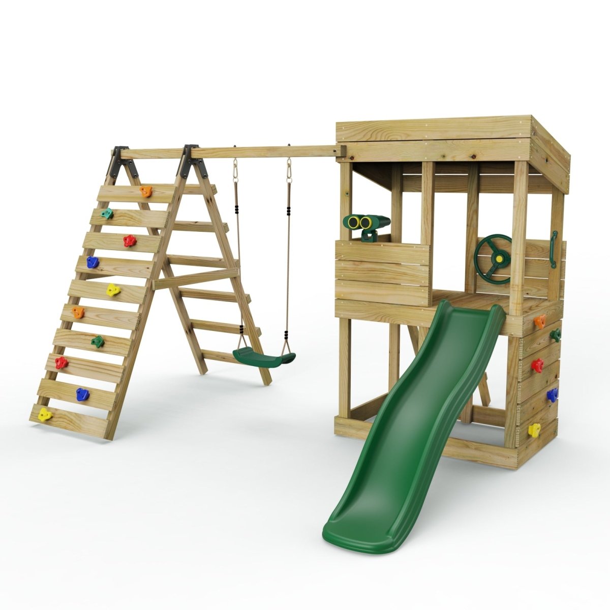 ClassicPlay Premium Lookout Tower With 0.9m Deck, Single Swing, Slide, Climbing Wall and Adventure Pack