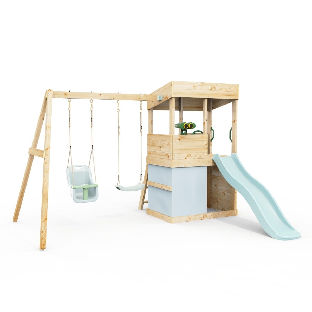 Rebo Lookout Tower with Double Swing, Wave Slide, Adventure and Den Packs