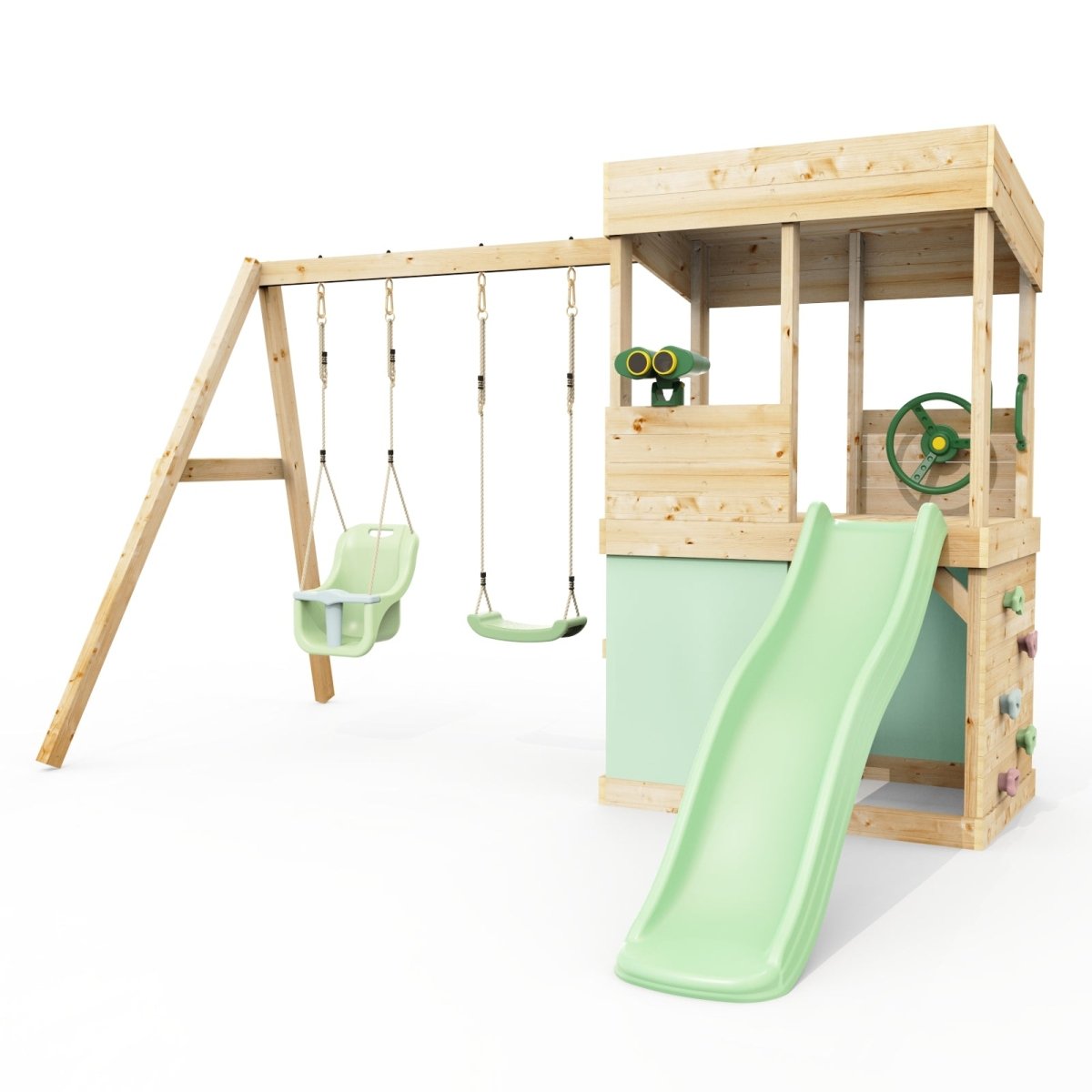 Rebo Lookout Tower with Double Swing, Wave Slide, Adventure and Den Packs