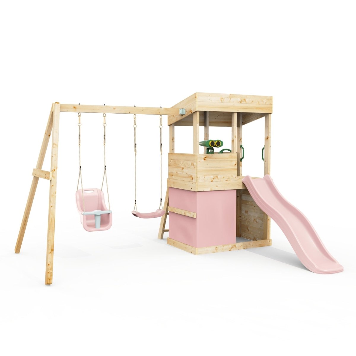 Rebo Lookout Tower with Double Swing, Wave Slide, Adventure and Den Packs