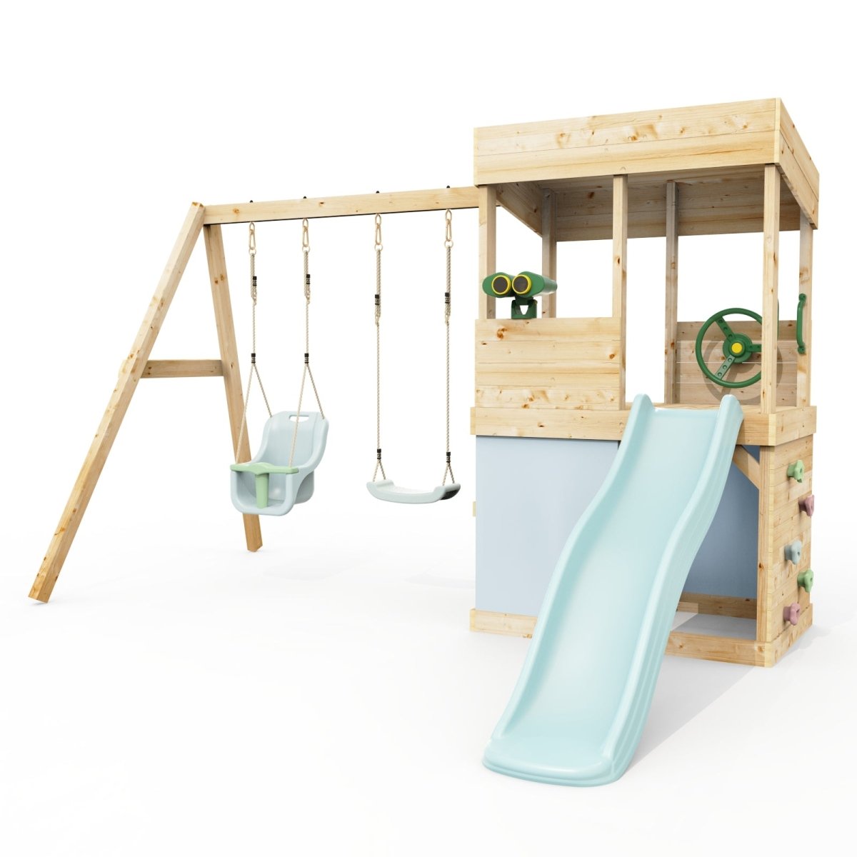 Rebo Lookout Tower with Double Swing, Wave Slide, Adventure and Den Packs