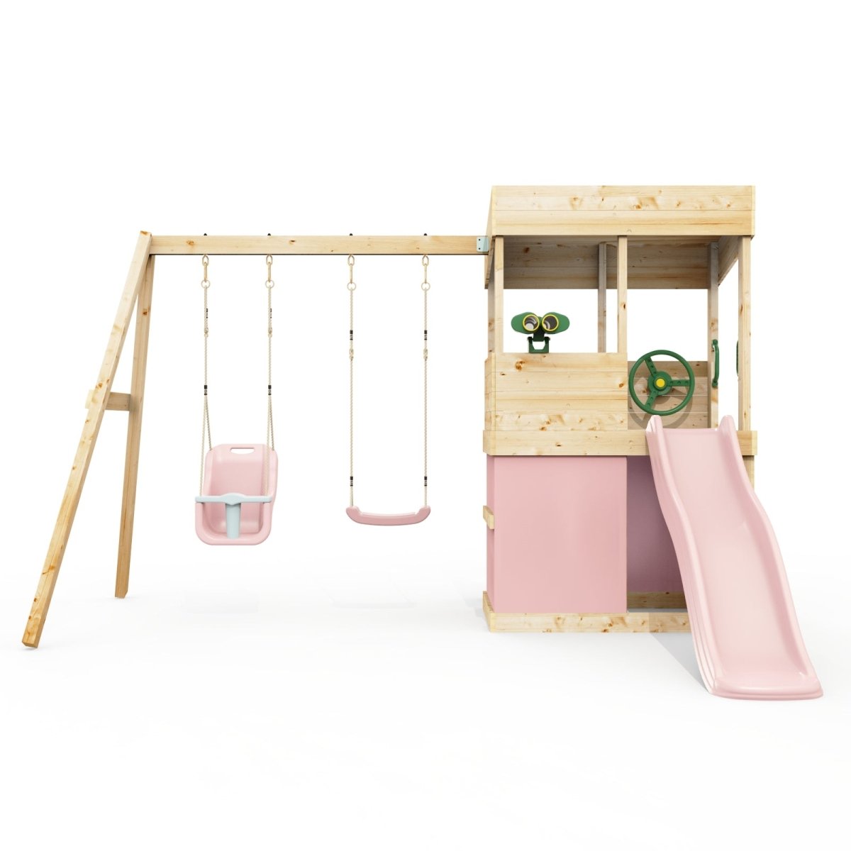 Rebo Lookout Tower with Double Swing, Wave Slide, Adventure and Den Packs