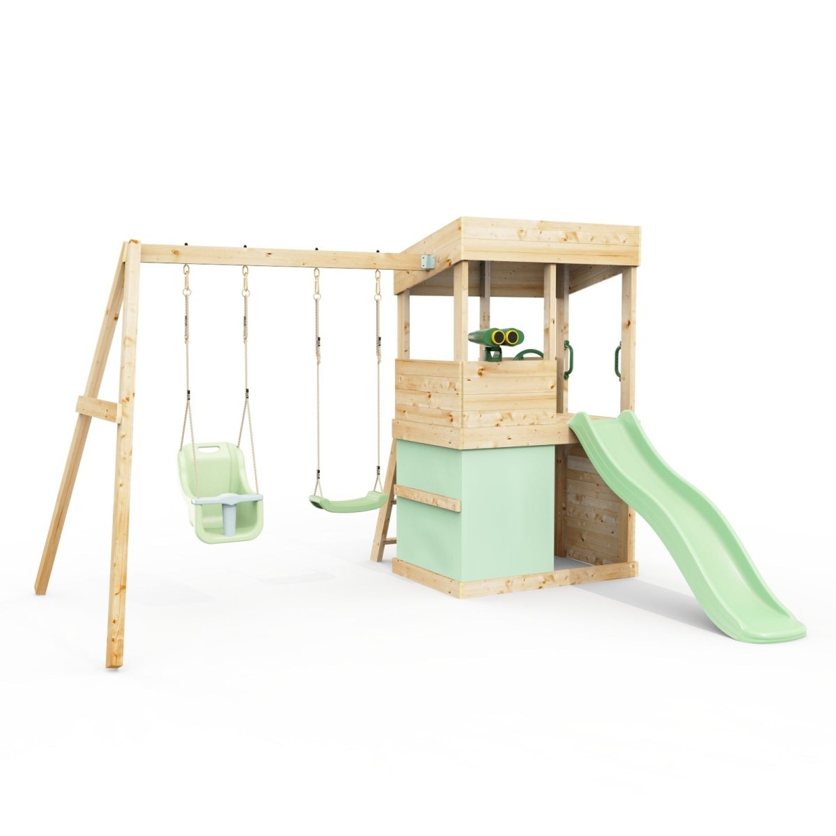 Rebo Lookout Tower with Double Swing, Wave Slide, Adventure and Den Packs
