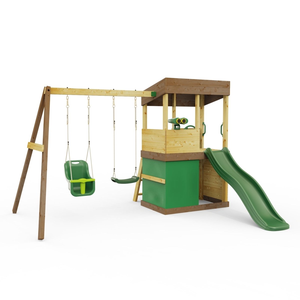 Rebo Lookout Tower with Double Swing, Wave Slide, Adventure and Den Packs