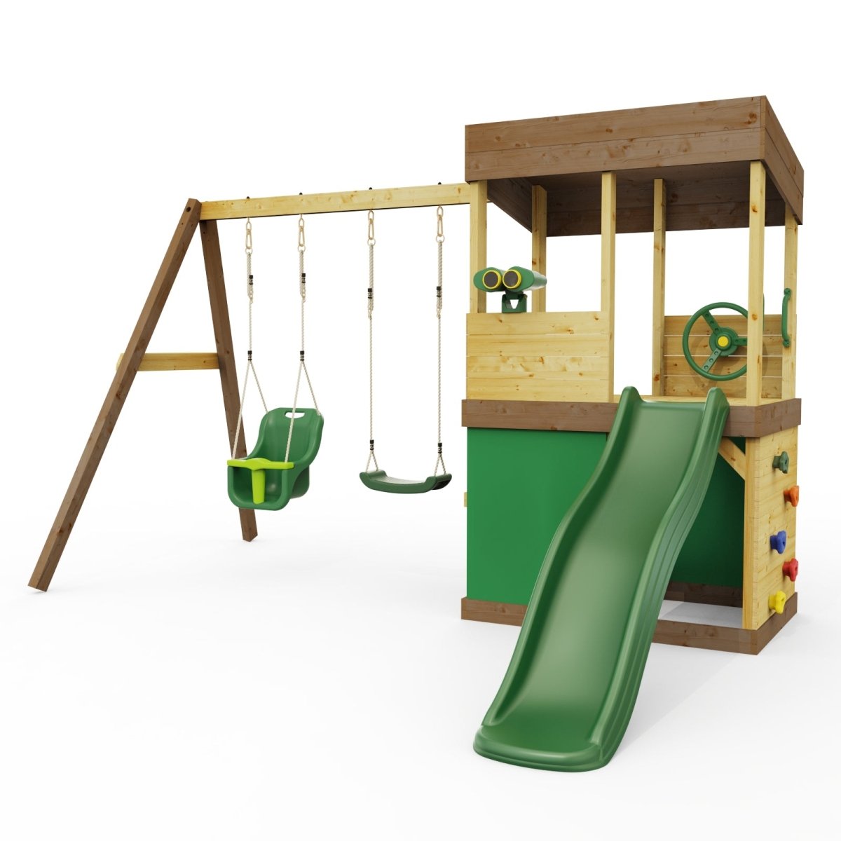 Rebo Lookout Tower with Double Swing, Wave Slide, Adventure and Den Packs
