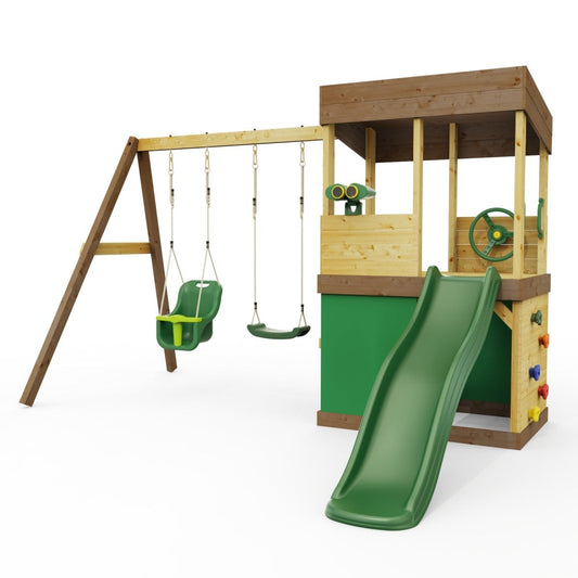 Rebo Lookout Tower with Double Swing, Wave Slide, Adventure and Den Packs