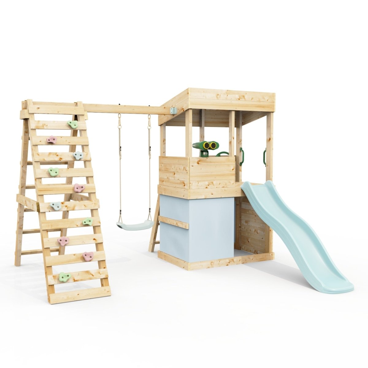 Rebo Lookout Tower with Single Swing, Wave Slide, Climbing Wall, Adventure and Den Packs