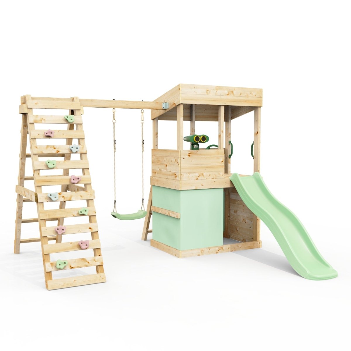 Rebo Lookout Tower with Single Swing, Wave Slide, Climbing Wall, Adventure and Den Packs