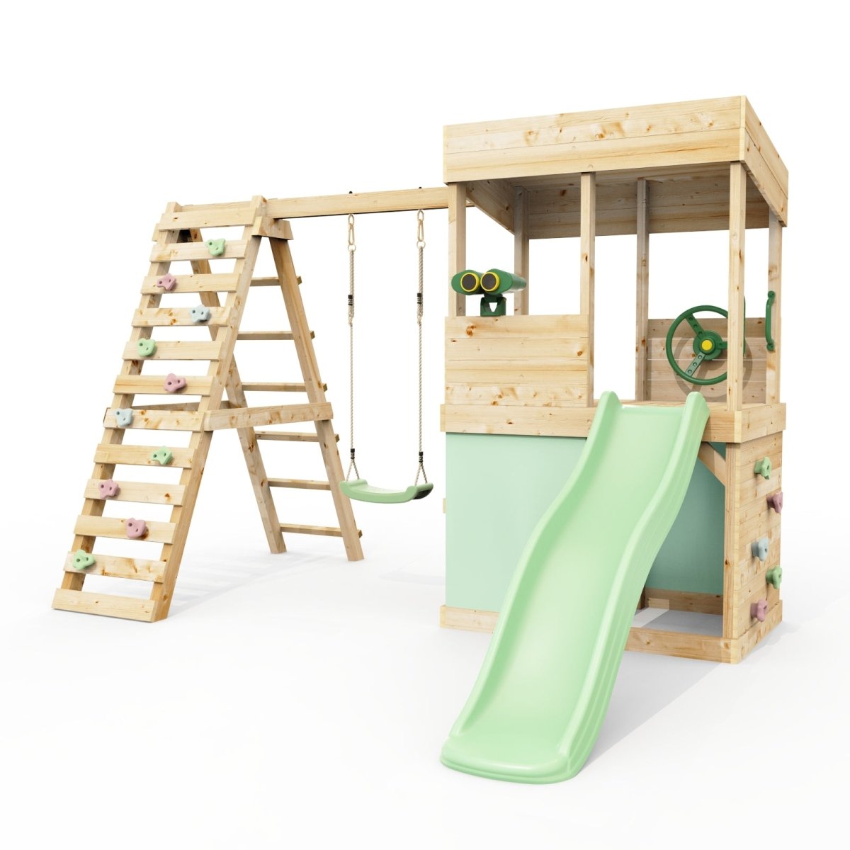 Rebo Lookout Tower with Single Swing, Wave Slide, Climbing Wall, Adventure and Den Packs