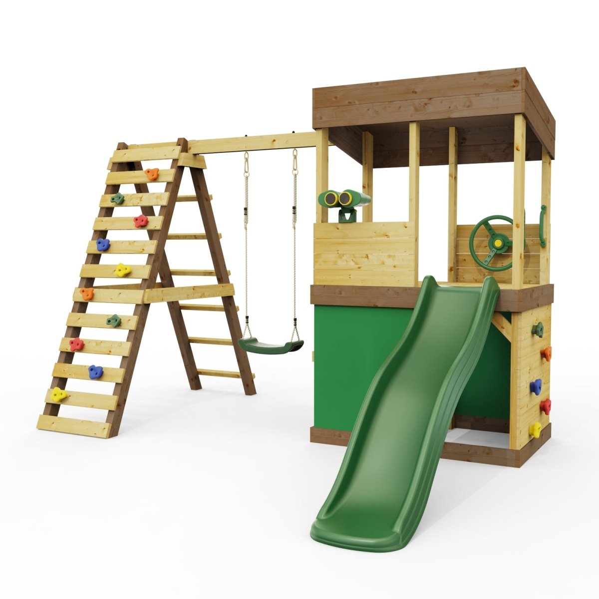 Rebo Lookout Tower with Single Swing, Wave Slide, Climbing Wall, Adventure and Den Packs