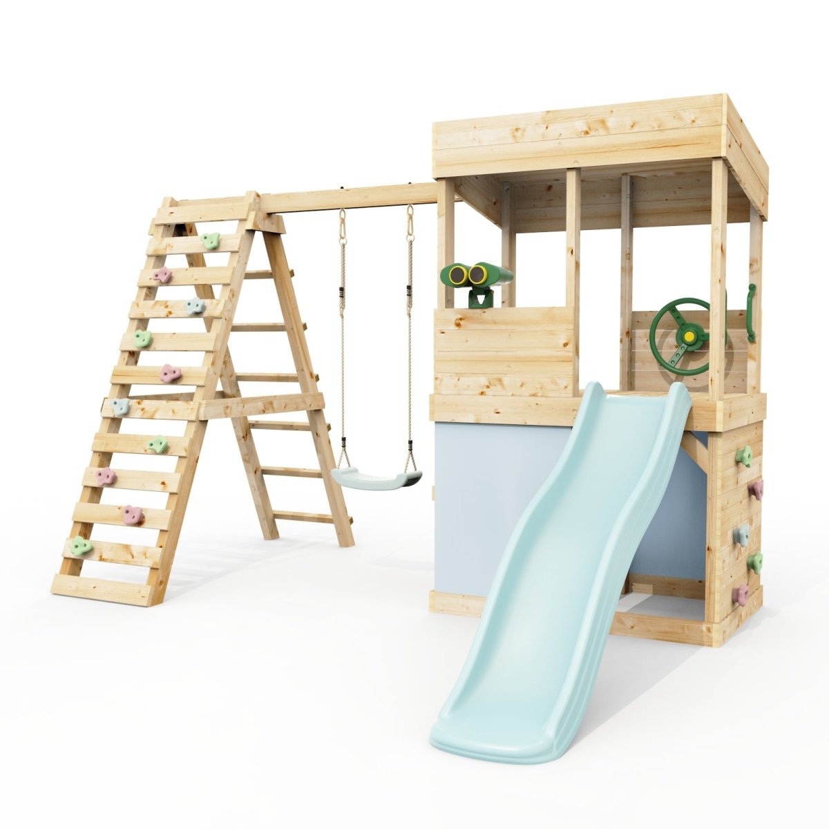 Rebo Lookout Tower with Single Swing, Wave Slide, Climbing Wall, Adventure and Den Packs