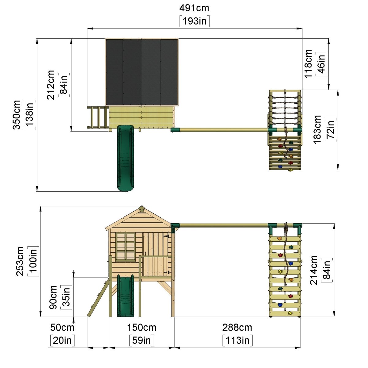 ClassicPlay 5ft Playhouse on Deck with Double Swing, Slide and Climbing Wall