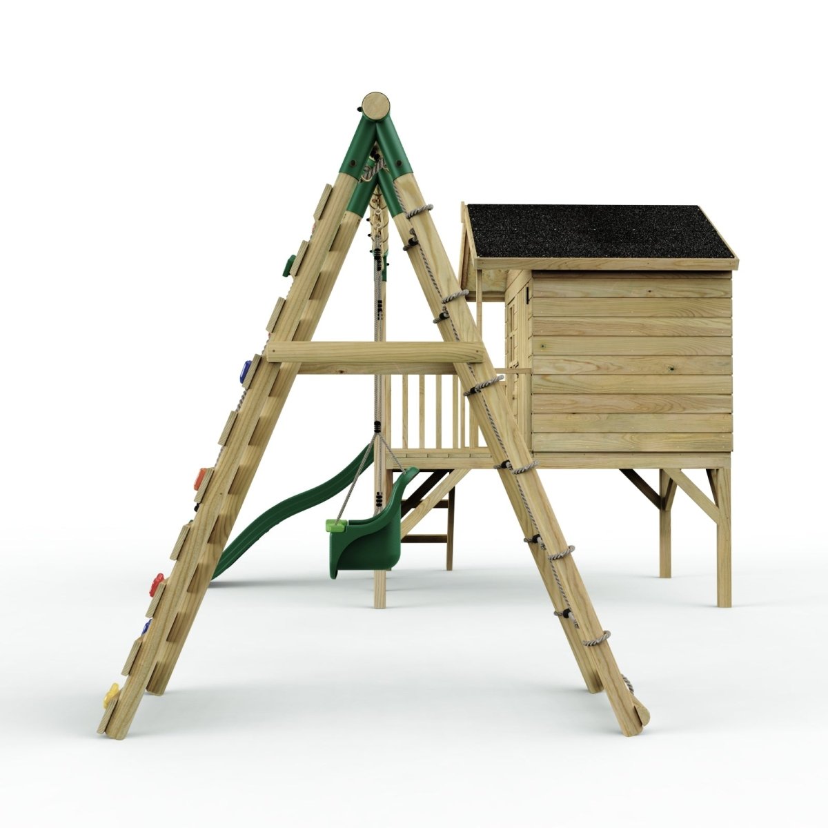 ClassicPlay 5ft Playhouse on Deck with Double Swing, Slide and Climbing Wall