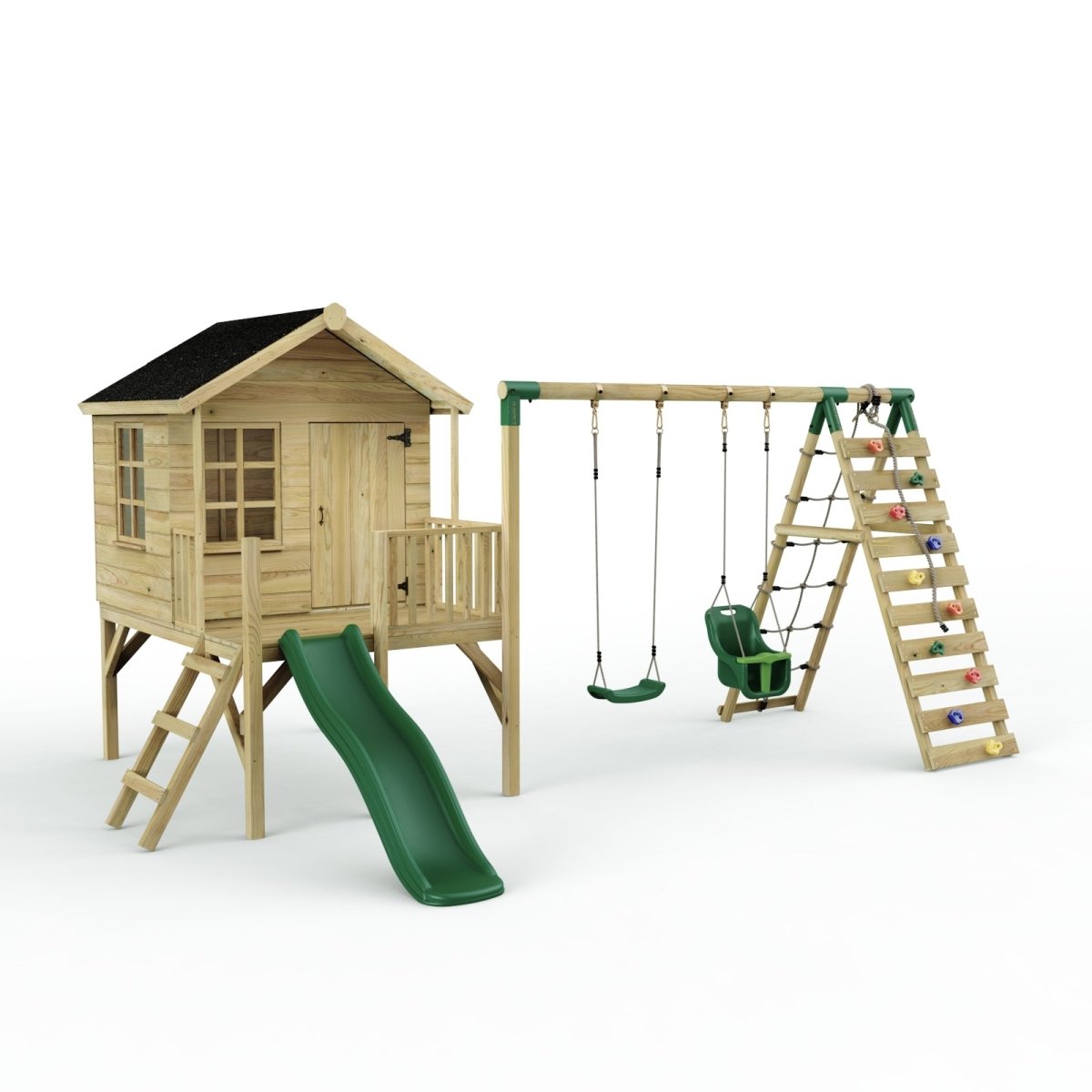 ClassicPlay 5ft Playhouse on Deck with Double Swing, Slide and Climbing Wall