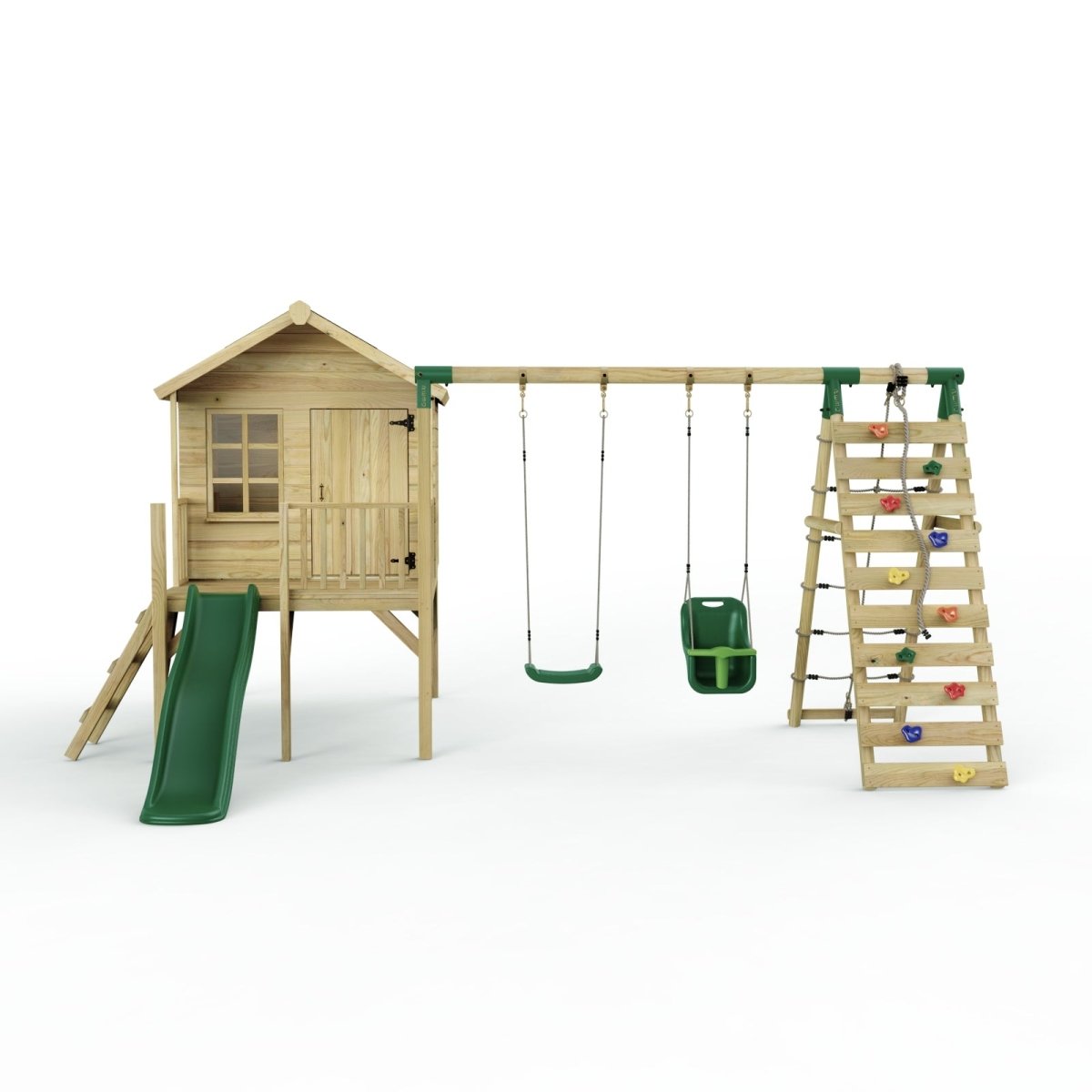ClassicPlay 5ft Playhouse on Deck with Double Swing, Slide and Climbing Wall