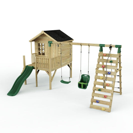 ClassicPlay 5ft Playhouse on Deck with Double Swing, Slide and Climbing Wall