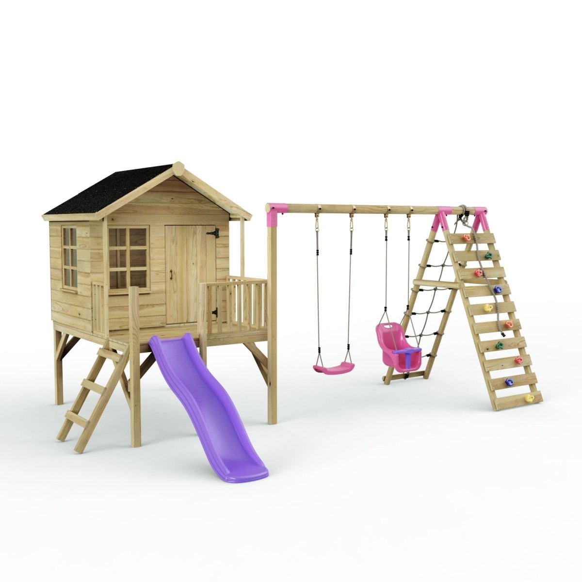 ClassicPlay 5ft Playhouse on Deck with Double Swing, Slide and Climbing Wall