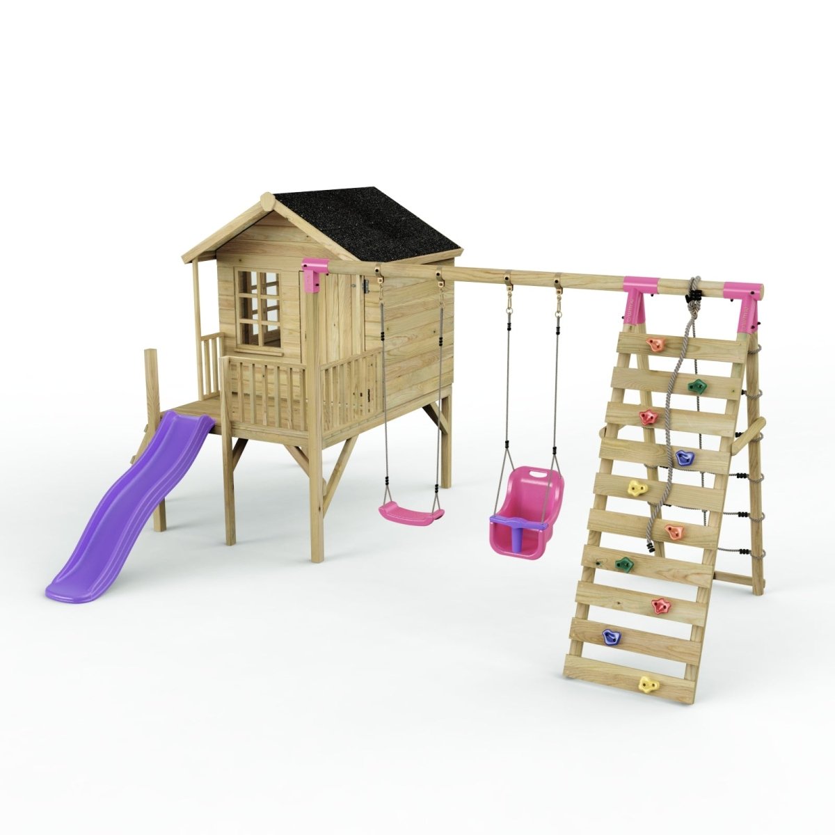 ClassicPlay 5ft Playhouse on Deck with Double Swing, Slide and Climbing Wall