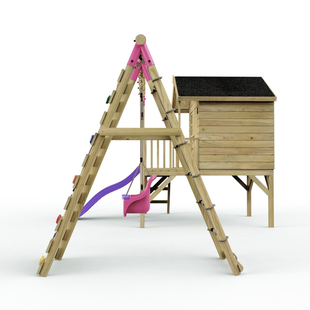 ClassicPlay 5ft Playhouse on Deck with Double Swing, Slide and Climbing Wall