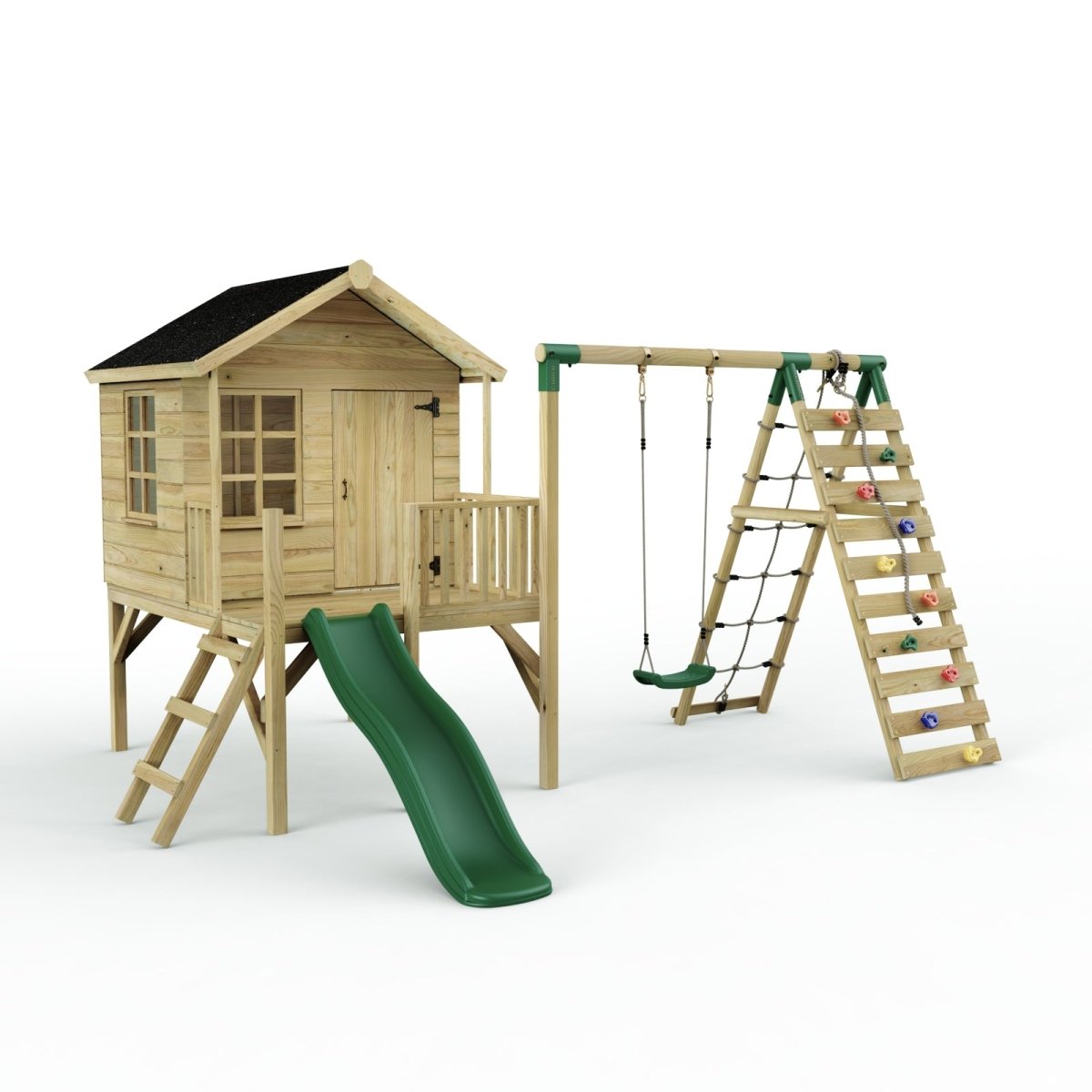 ClassicPlay 5ft Playhouse on Deck with Single Swing, Slide and Climbing Wall