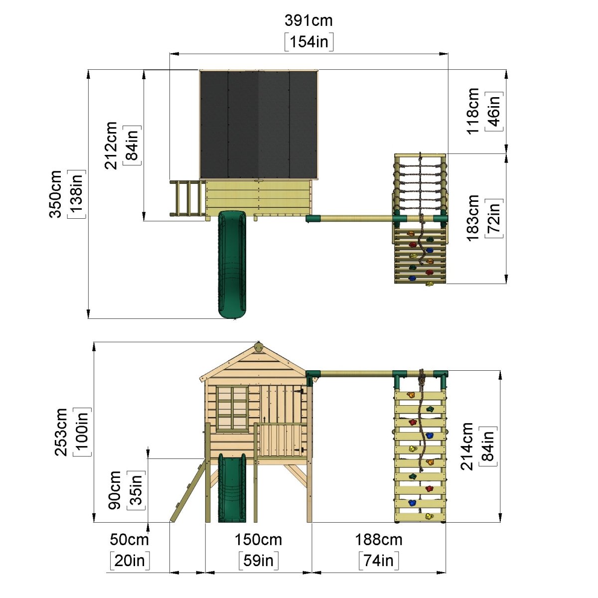 ClassicPlay 5ft Playhouse on Deck with Single Swing, Slide and Climbing Wall