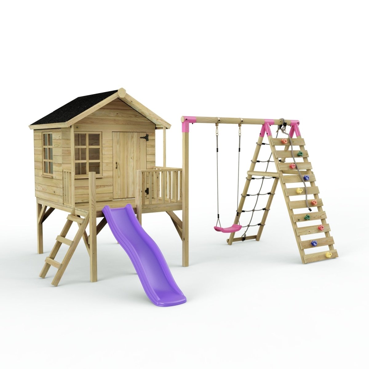 ClassicPlay 5ft Playhouse on Deck with Single Swing, Slide and Climbing Wall