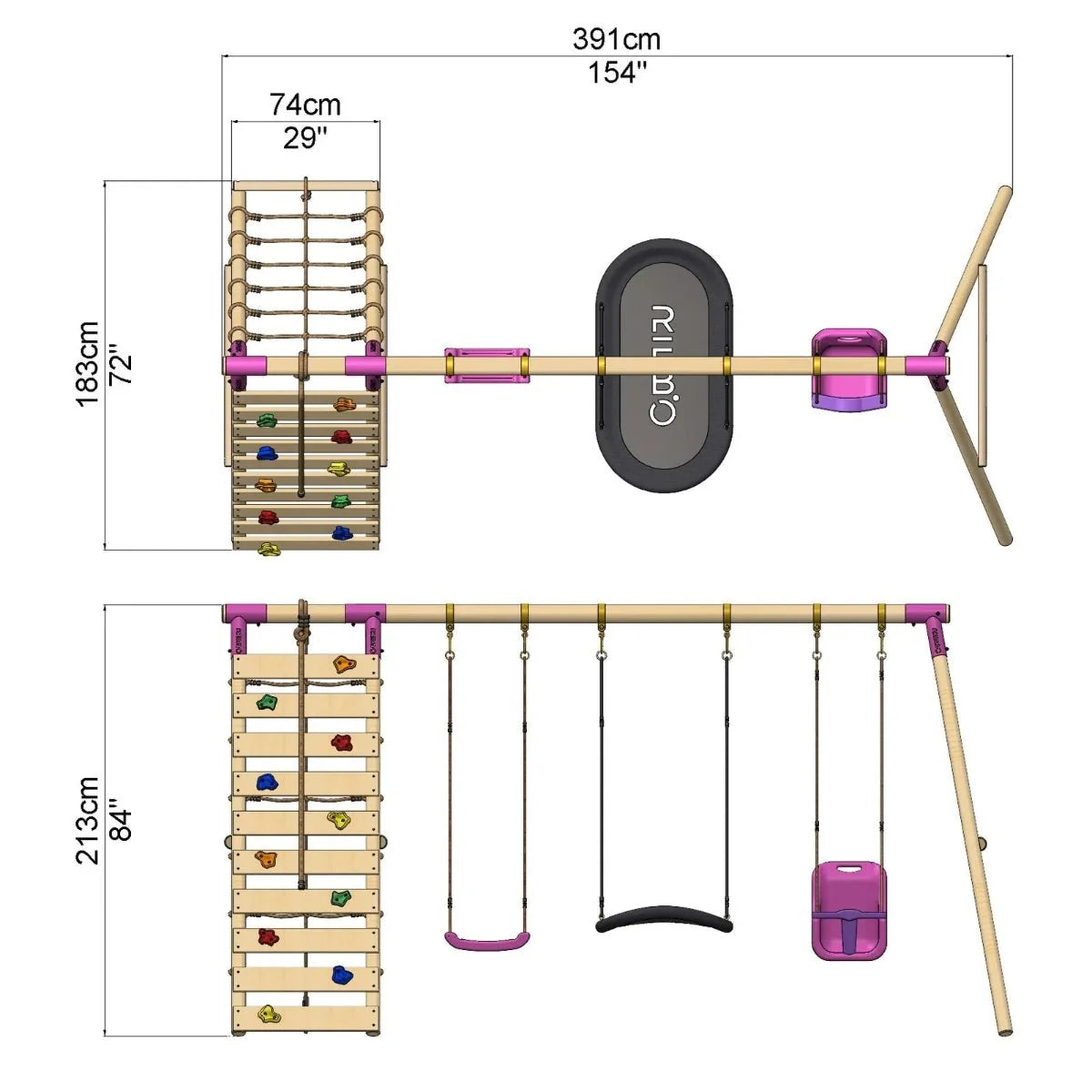 Rebo Triple Swing Set with Climbing Wall - Skye Purple