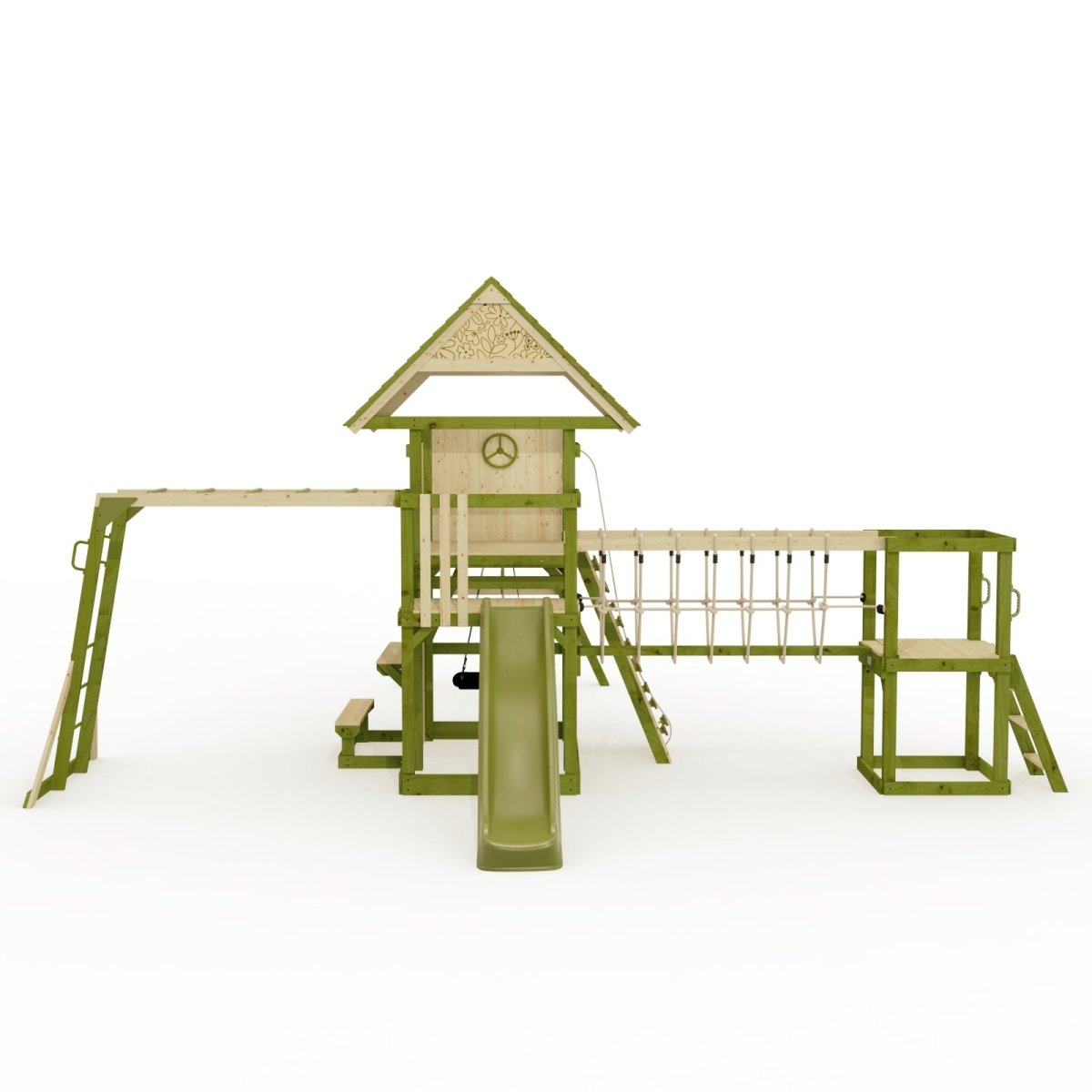 Rebo Wildwood Burrow Climbing Frame with Triple Swing, Monkey Bars, Climbing Wall and Wave Slide