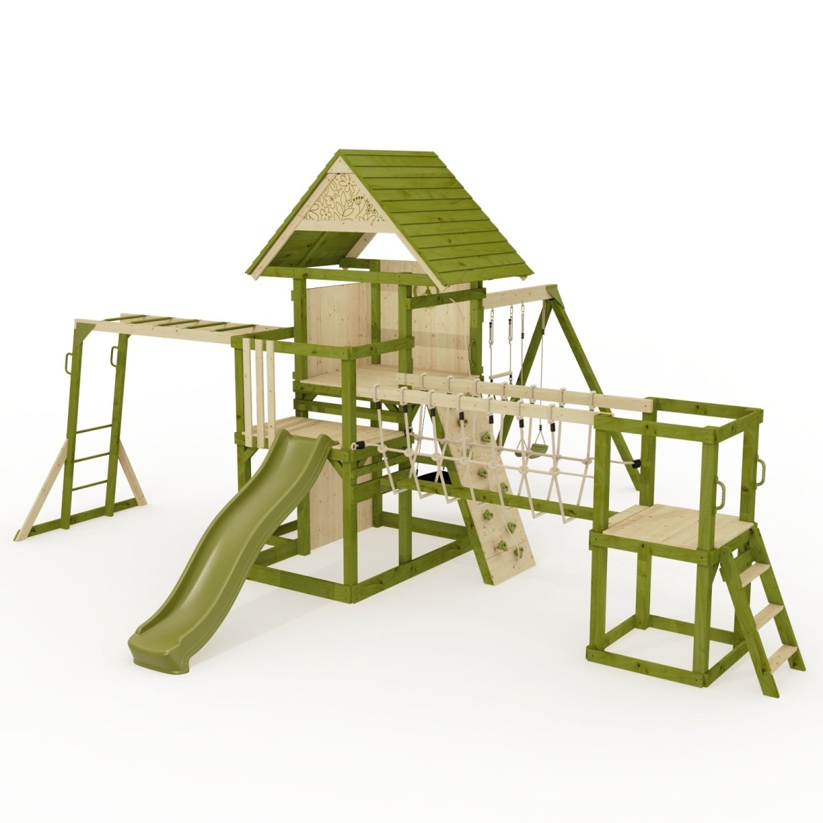 Rebo Wildwood Burrow Climbing Frame with Triple Swing, Monkey Bars, Climbing Wall and Wave Slide