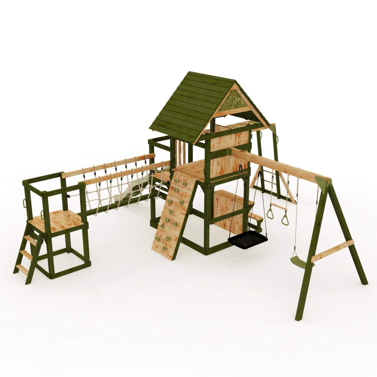 Rebo Wildwood Burrow Climbing Frame with Triple Swing, Monkey Bars, Climbing Wall and Wave Slide