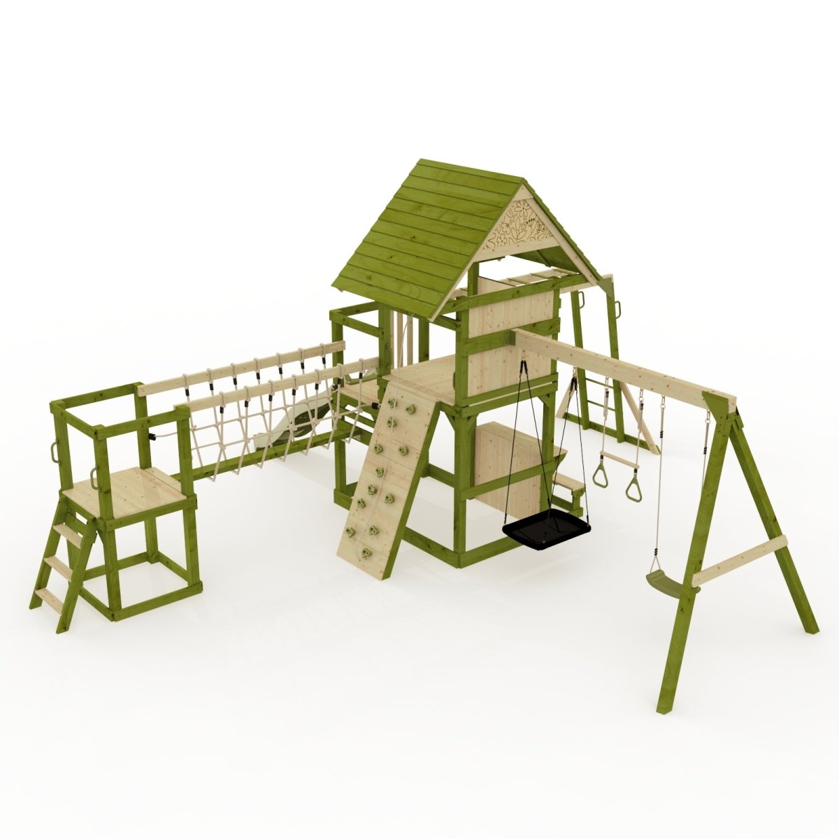 Rebo Wildwood Burrow Climbing Frame with Triple Swing, Monkey Bars, Climbing Wall and Wave Slide