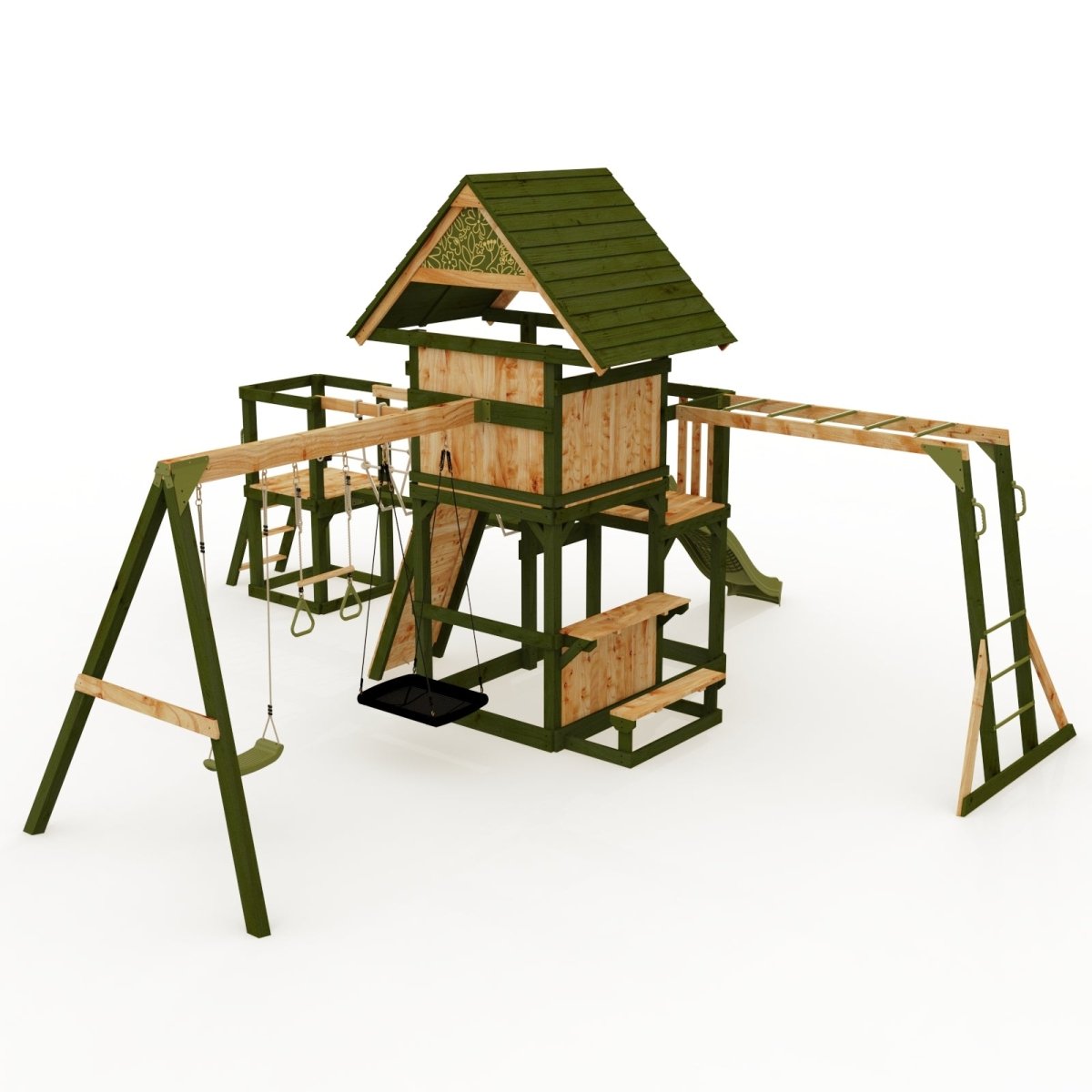 Rebo Wildwood Burrow Climbing Frame with Triple Swing, Monkey Bars, Climbing Wall and Wave Slide