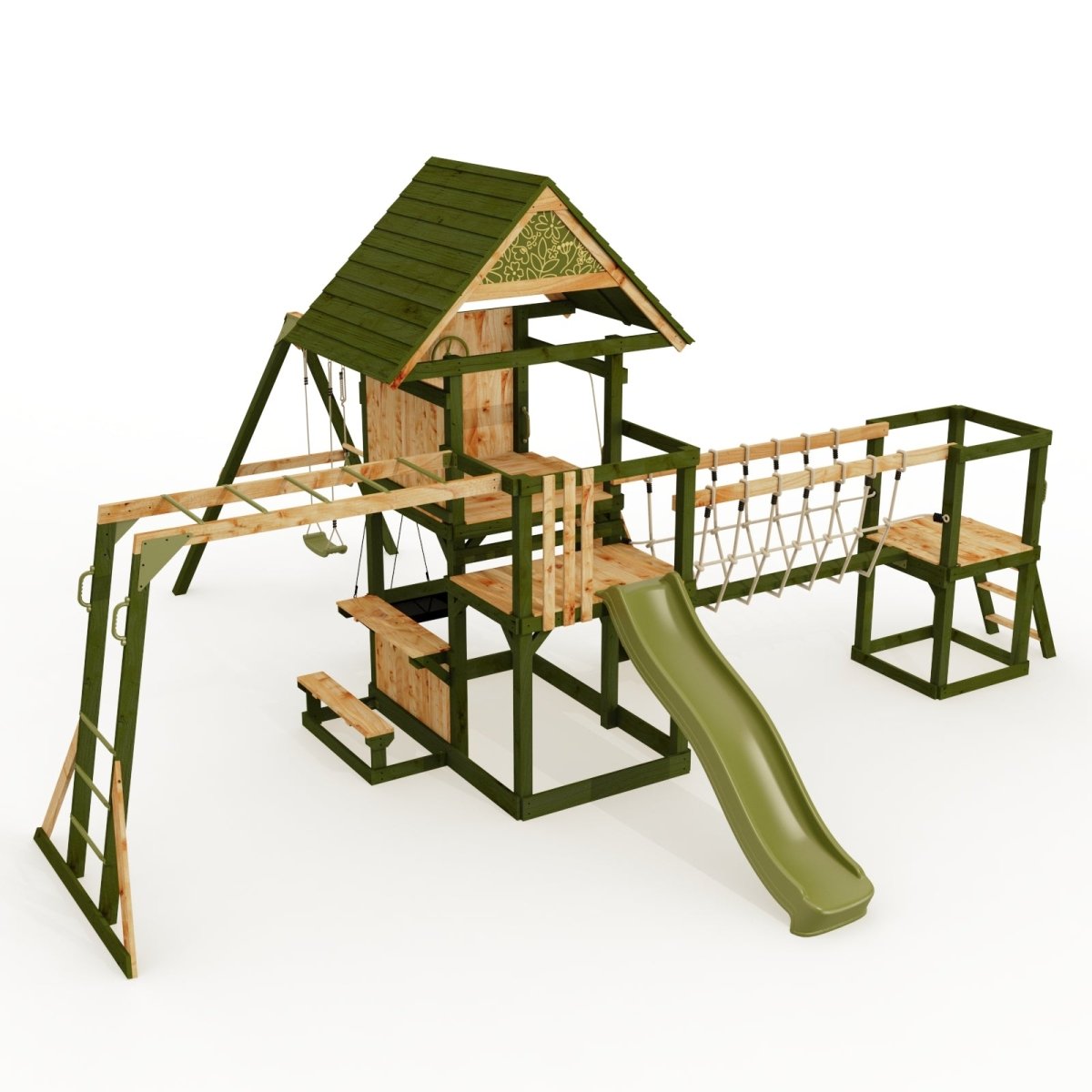 Rebo Wildwood Burrow Climbing Frame with Triple Swing, Monkey Bars, Climbing Wall and Wave Slide
