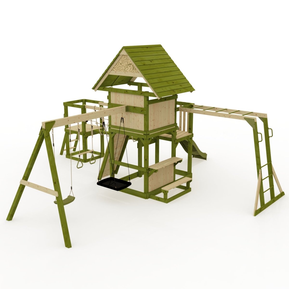 Rebo Wildwood Burrow Climbing Frame with Triple Swing, Monkey Bars, Climbing Wall and Wave Slide