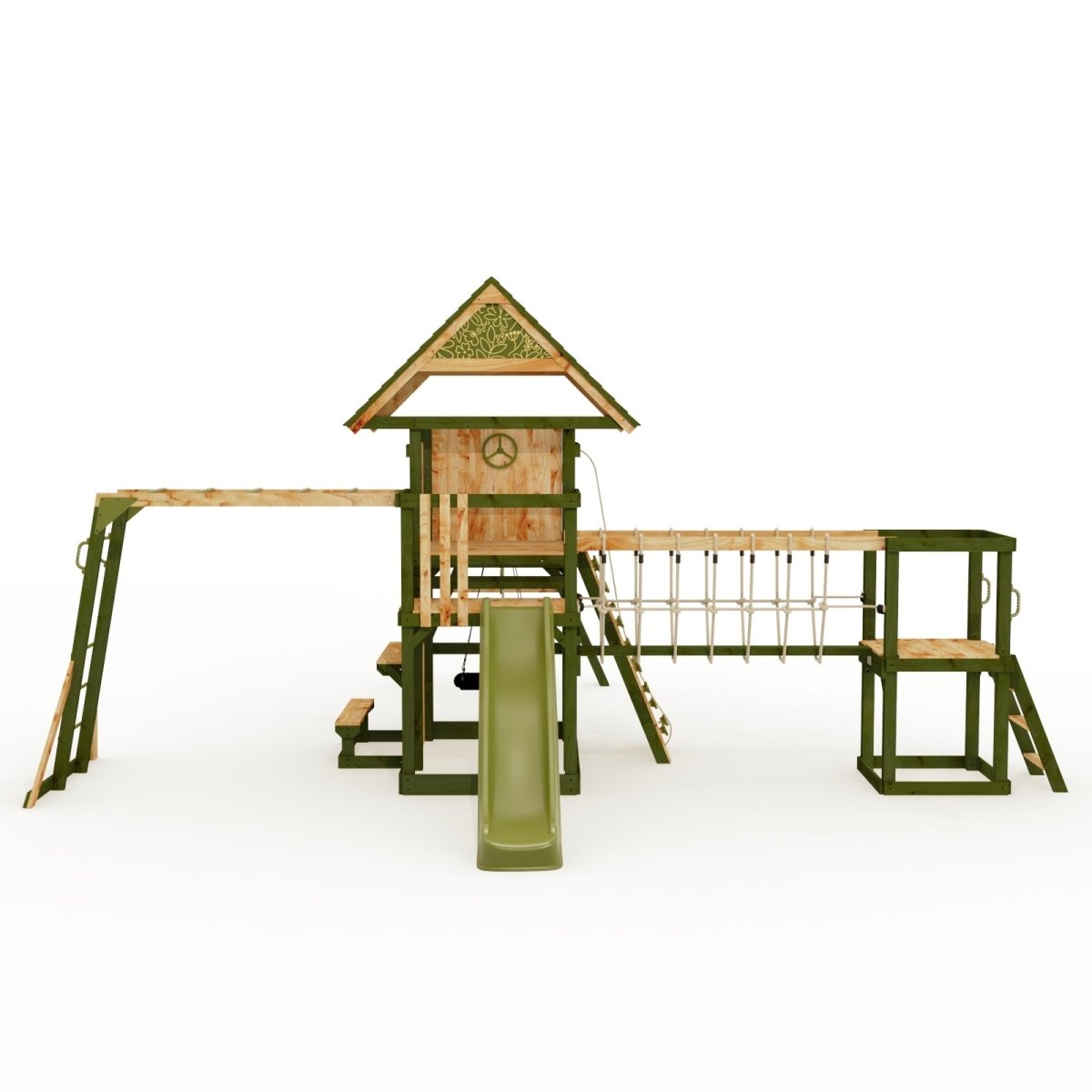 Rebo Wildwood Burrow Climbing Frame with Triple Swing, Monkey Bars, Climbing Wall and Wave Slide