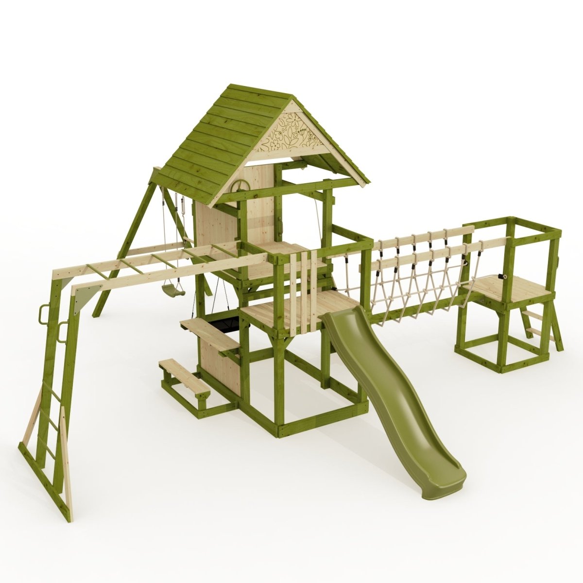 Rebo Wildwood Burrow Climbing Frame with Triple Swing, Monkey Bars, Climbing Wall and Wave Slide