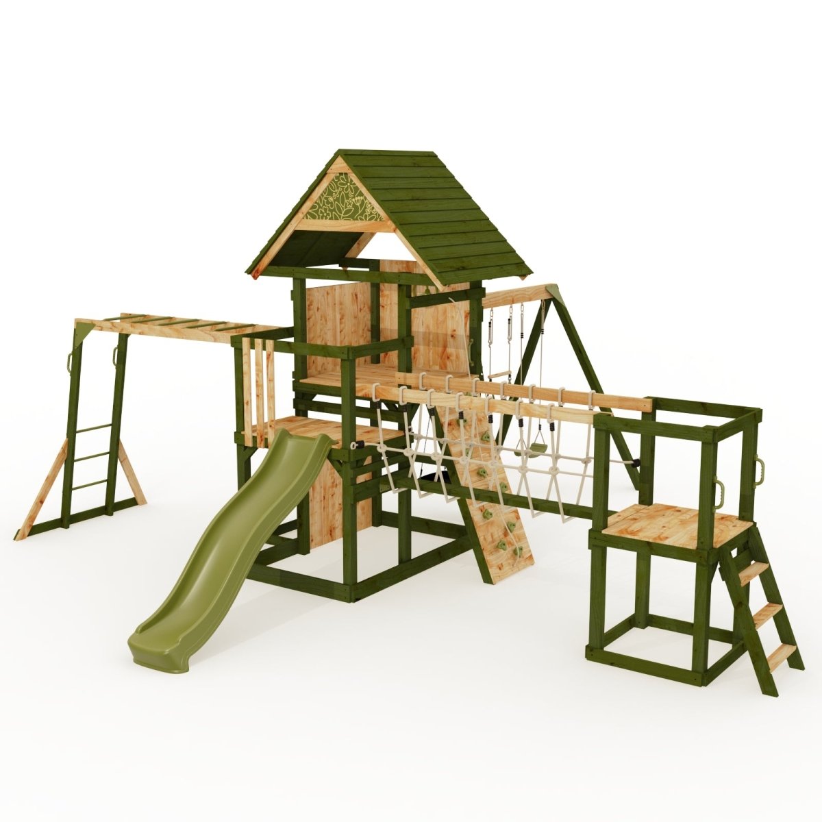 Rebo Wildwood Burrow Climbing Frame with Triple Swing, Monkey Bars, Climbing Wall and Wave Slide