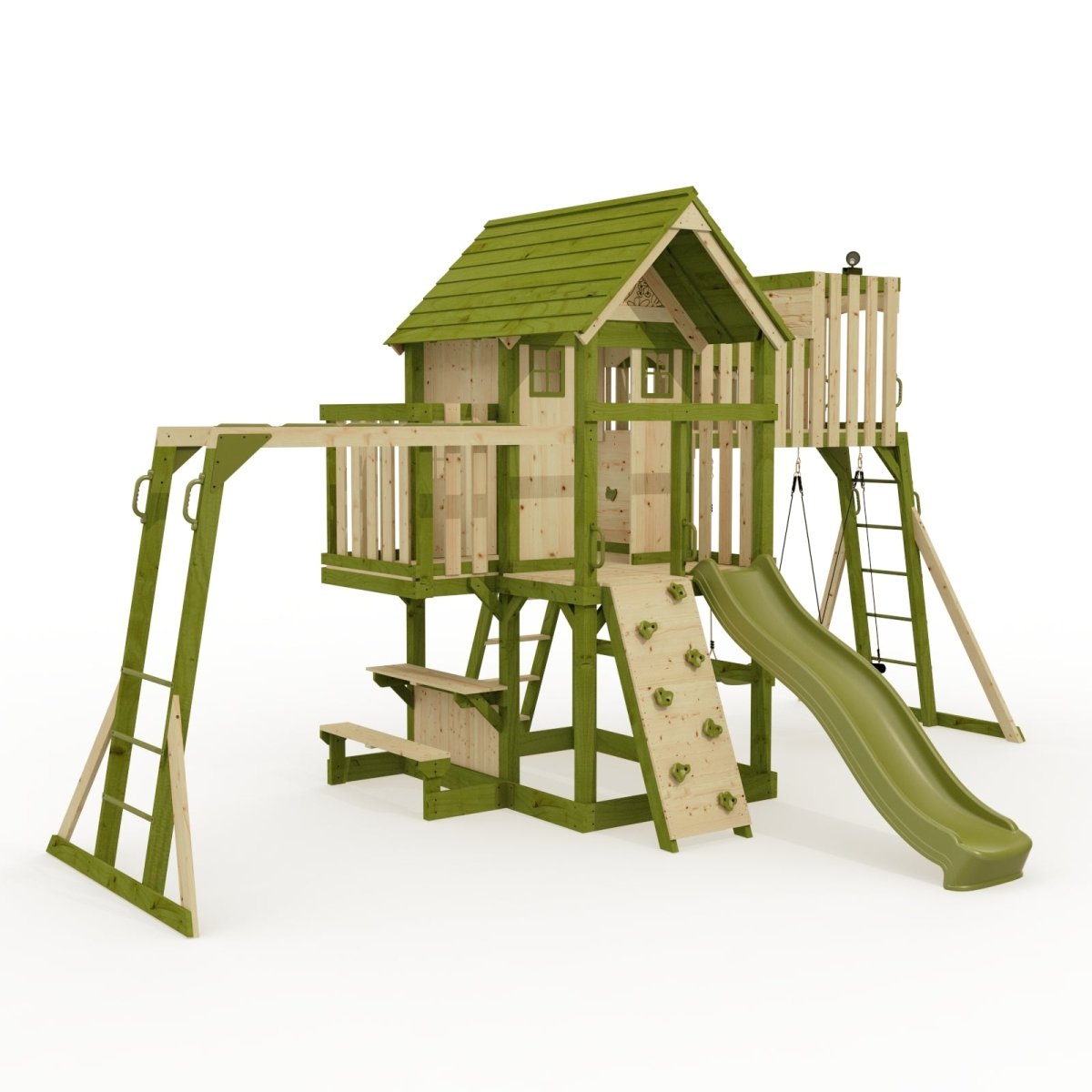 Rebo Wildwood Haven Tower Playhouse with Double Swing, Monkey Bars, Climbing Wall and Wave Slide