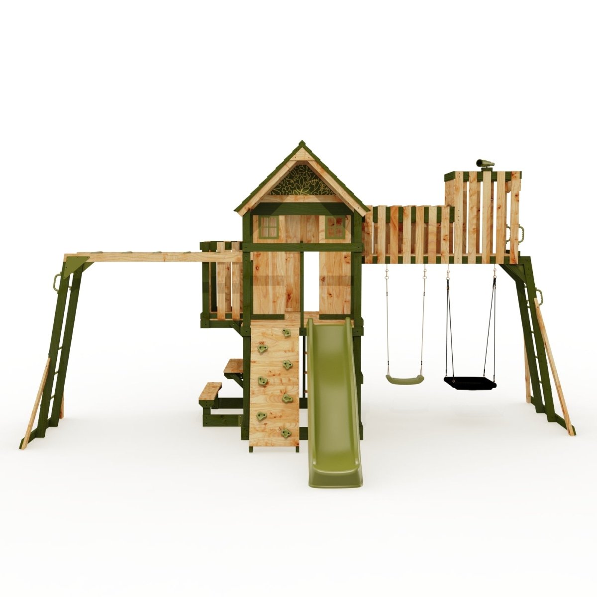 Rebo Wildwood Haven Tower Playhouse with Double Swing, Monkey Bars, Climbing Wall and Wave Slide