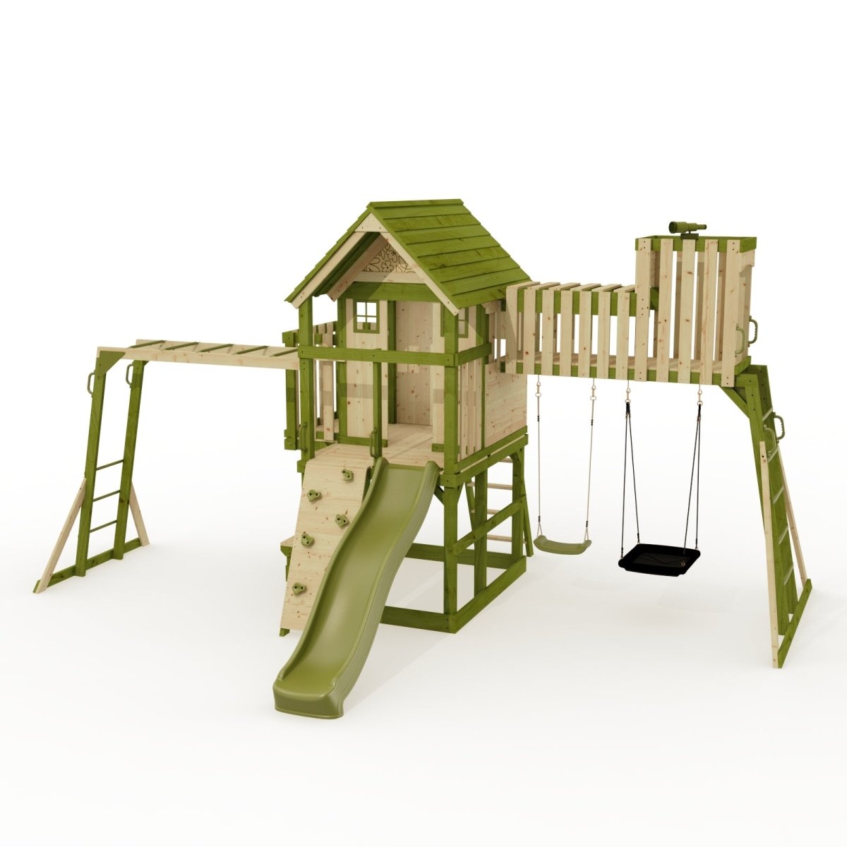 Rebo Wildwood Haven Tower Playhouse with Double Swing, Monkey Bars, Climbing Wall and Wave Slide