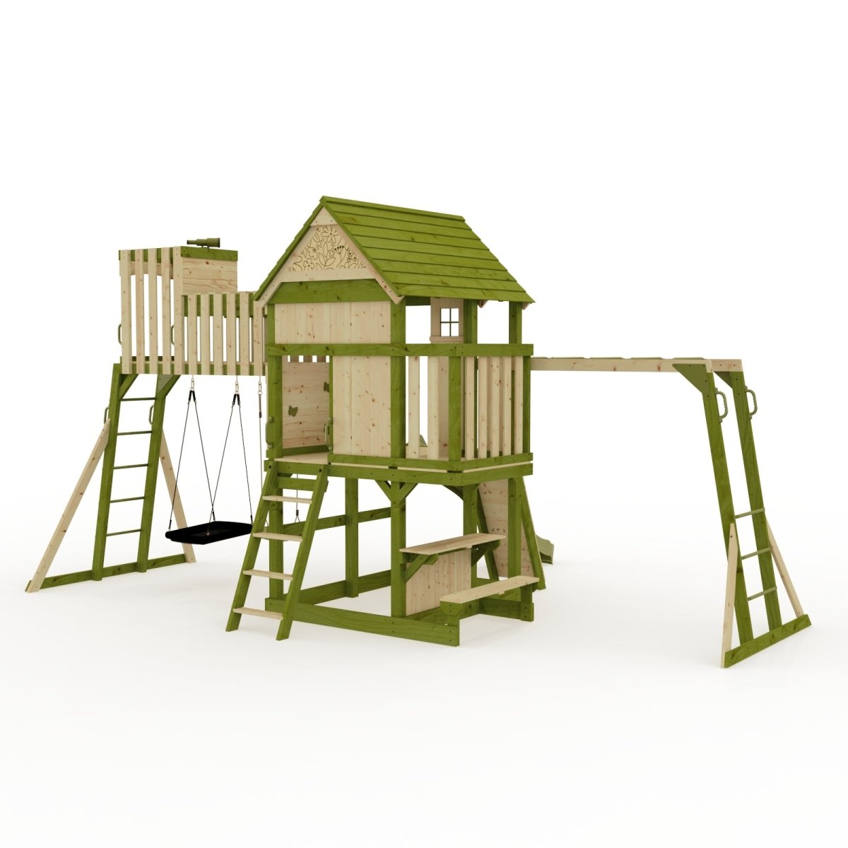 Rebo Wildwood Haven Tower Playhouse with Double Swing, Monkey Bars, Climbing Wall and Wave Slide